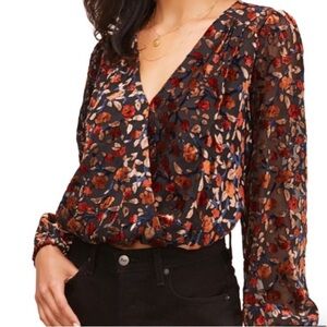 Astr The Label floral velvet burnout blouse faux wrap v-neck long sleeve boho XS